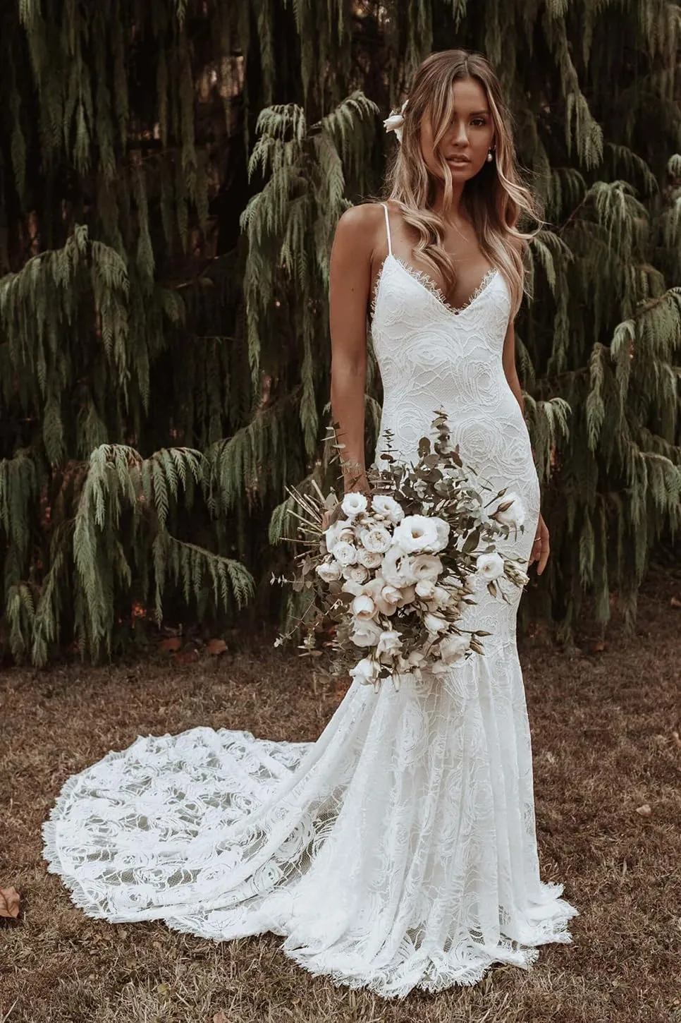 Clothfun Women's Lace Beach Wedding Dresses for Bride 2025 Long Boho Mermaid Bridal Gown CYCf023Style11