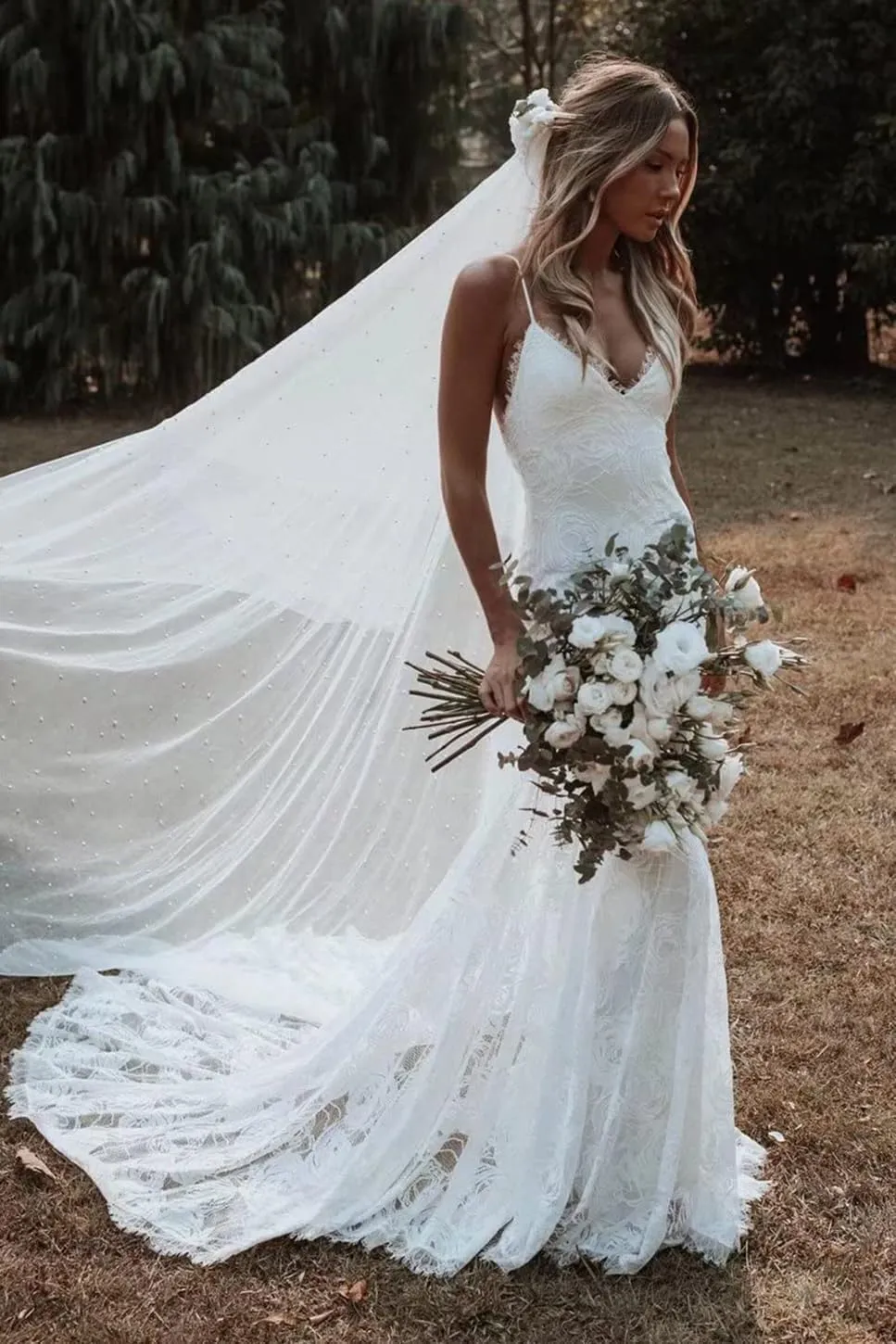 Clothfun Women's Lace Beach Wedding Dresses for Bride 2025 Long Boho Mermaid Bridal Gown CYCf023Style11