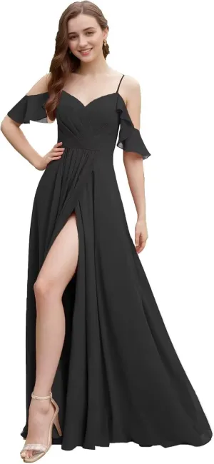 Cold Shoulder Bridesmaid Dresses for Wedding Long Chiffon Ruffle Sleeve Formal Dresses for Women 2025 with Side Slit