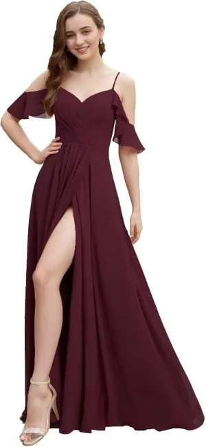 Cold Shoulder Bridesmaid Dresses for Wedding Long Chiffon Ruffle Sleeve Formal Dresses for Women 2025 with Side Slit