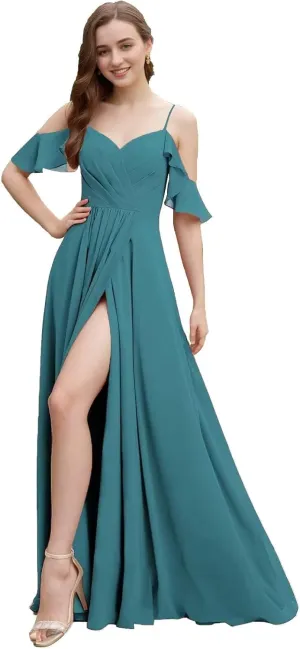 Cold Shoulder Bridesmaid Dresses for Wedding Long Chiffon Ruffle Sleeve Formal Dresses for Women 2025 with Side Slit