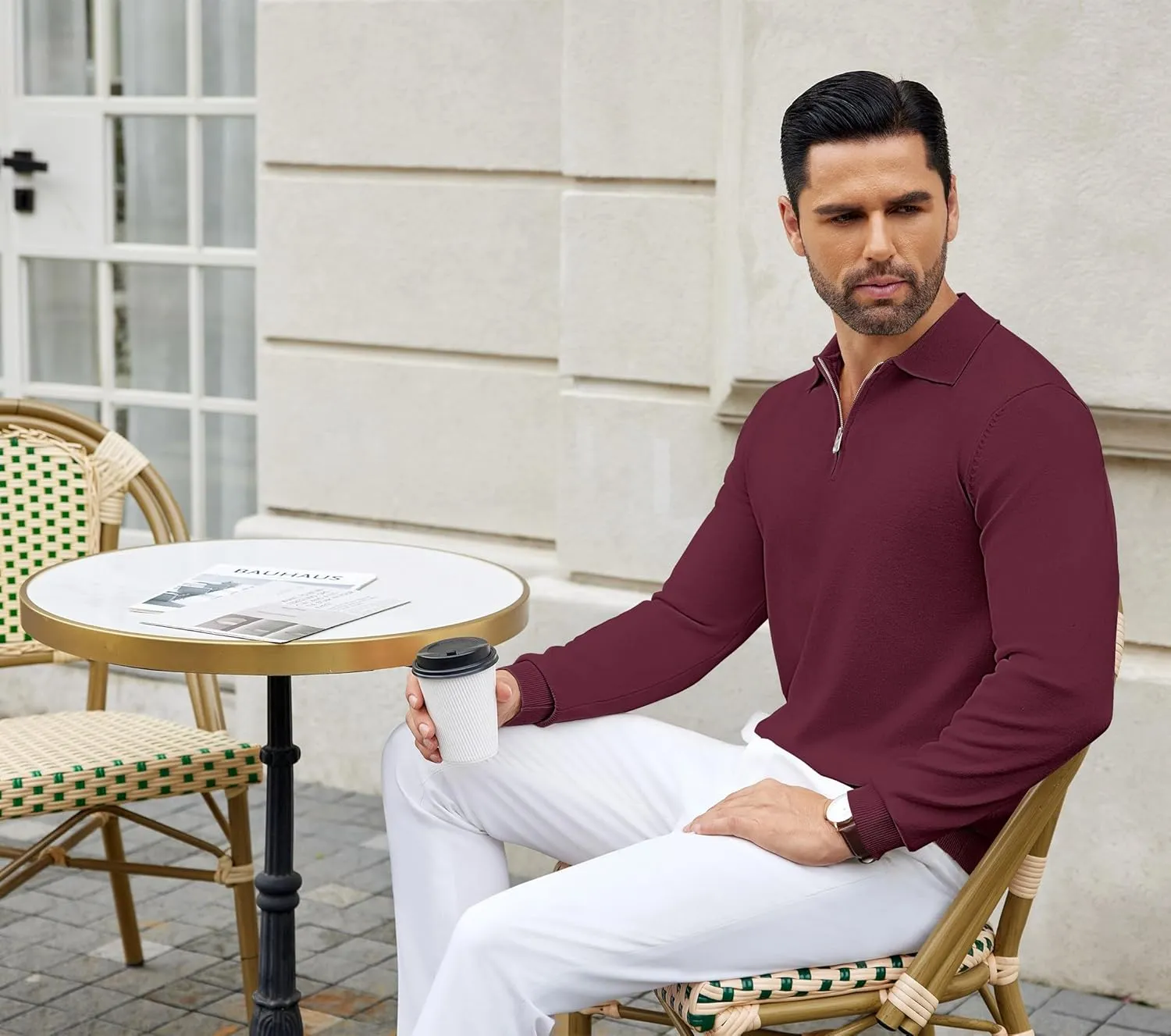 COOFANDY Mens Knit Polo Shirts Casual Long Sleeve Quarter Zip Polo Sweater Classic Golf Shirts