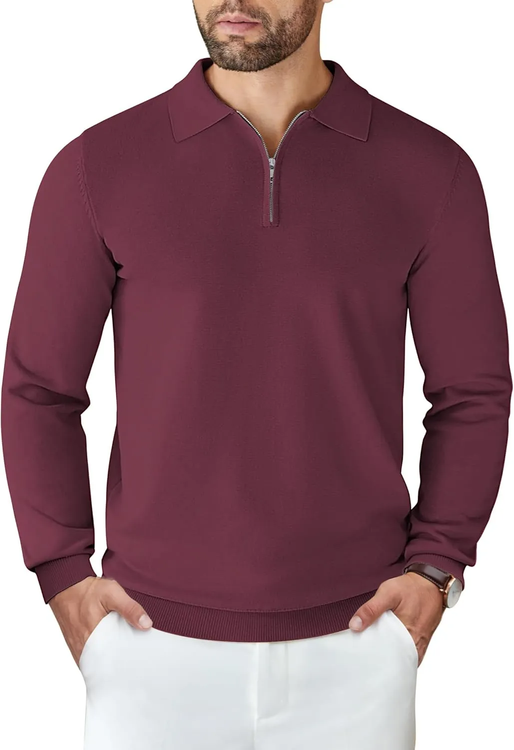 COOFANDY Mens Knit Polo Shirts Casual Long Sleeve Quarter Zip Polo Sweater Classic Golf Shirts