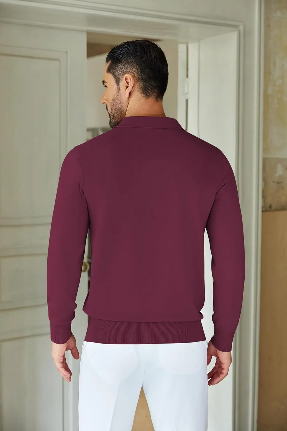 COOFANDY Mens Knit Polo Shirts Casual Long Sleeve Quarter Zip Polo Sweater Classic Golf Shirts