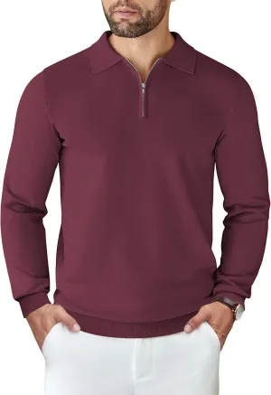 COOFANDY Mens Knit Polo Shirts Casual Long Sleeve Quarter Zip Polo Sweater Classic Golf Shirts