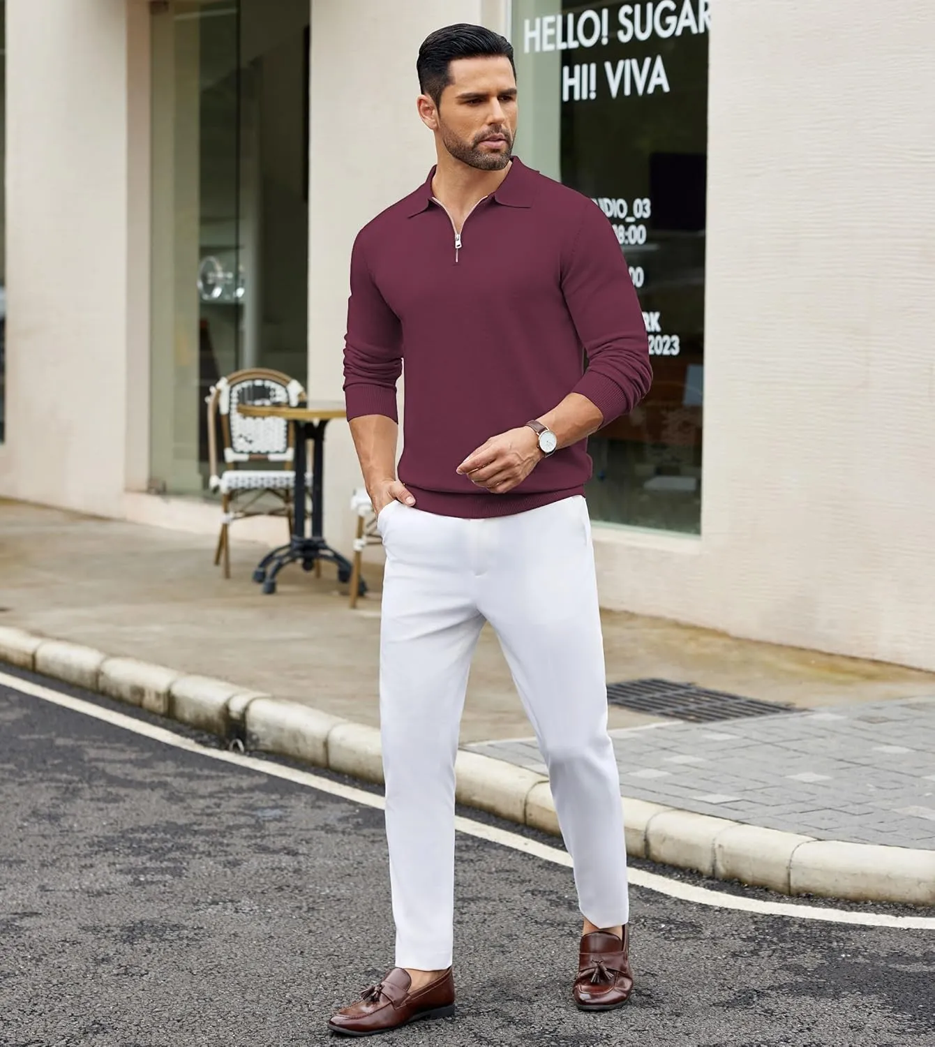 COOFANDY Mens Knit Polo Shirts Casual Long Sleeve Quarter Zip Polo Sweater Classic Golf Shirts