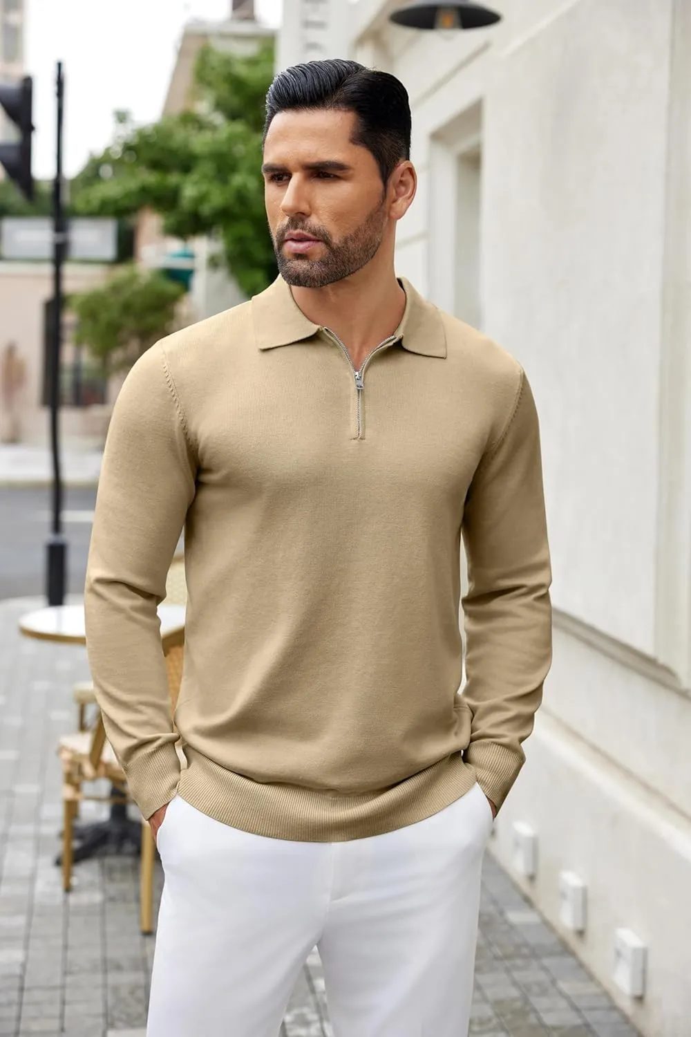 COOFANDY Mens Knit Polo Shirts Casual Long Sleeve Quarter Zip Polo Sweater Classic Golf Shirts