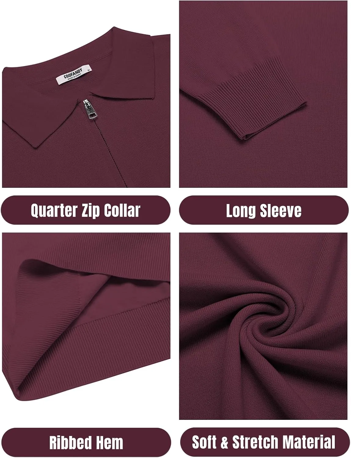 COOFANDY Mens Knit Polo Shirts Casual Long Sleeve Quarter Zip Polo Sweater Classic Golf Shirts