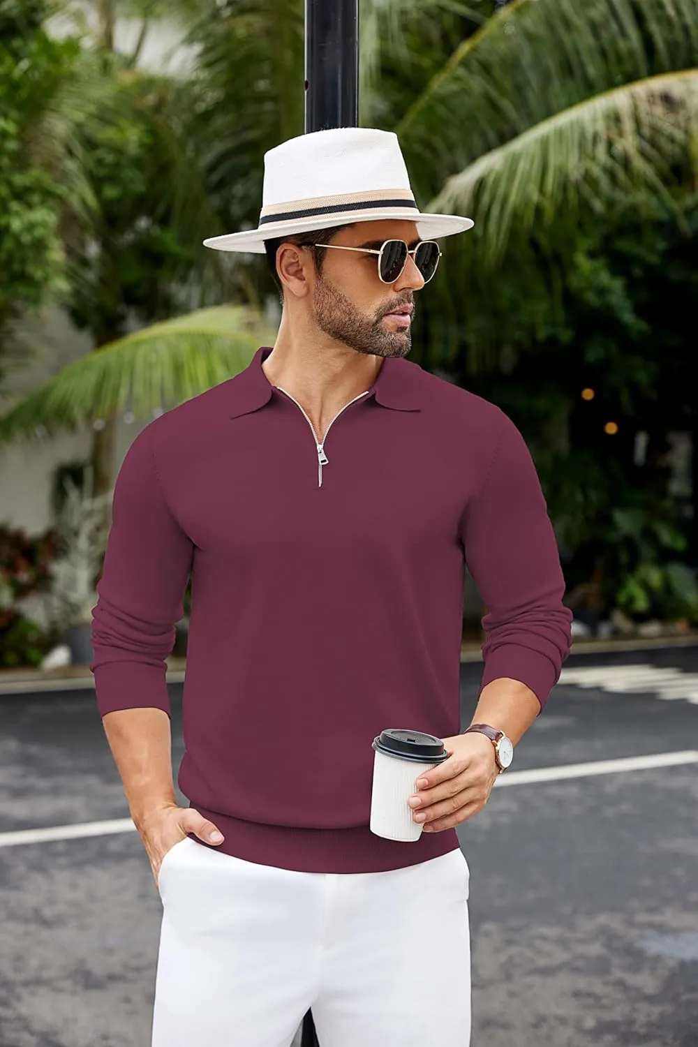 COOFANDY Mens Knit Polo Shirts Casual Long Sleeve Quarter Zip Polo Sweater Classic Golf Shirts