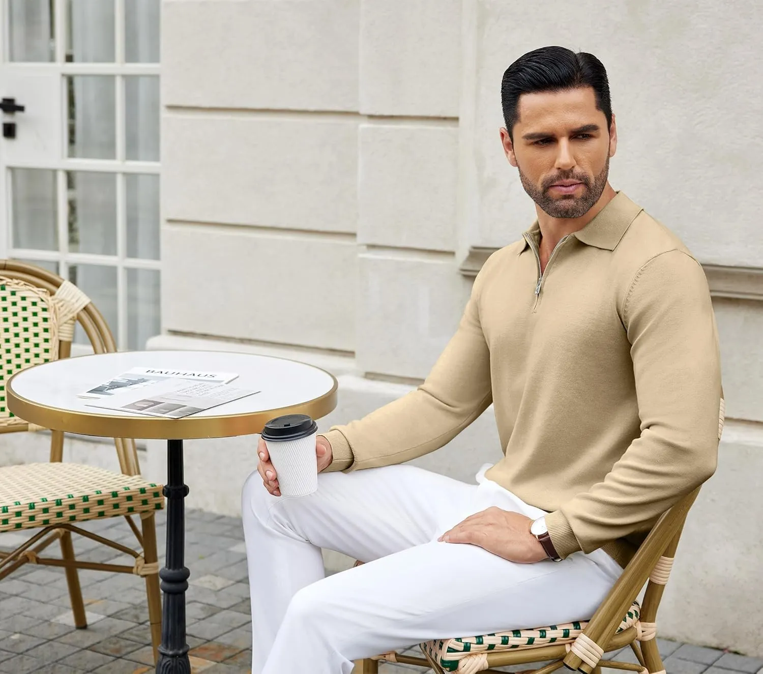 COOFANDY Mens Knit Polo Shirts Casual Long Sleeve Quarter Zip Polo Sweater Classic Golf Shirts