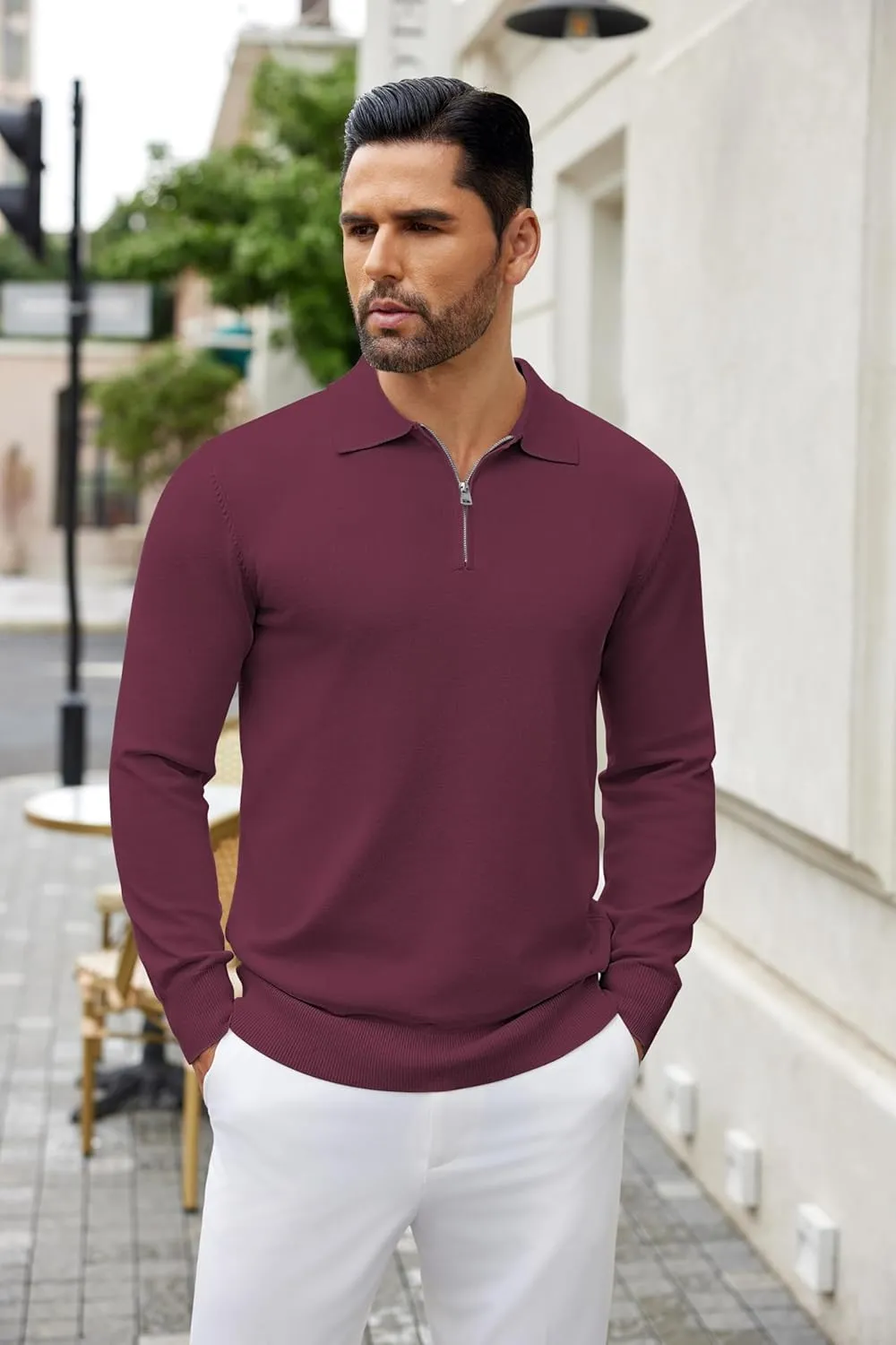 COOFANDY Mens Knit Polo Shirts Casual Long Sleeve Quarter Zip Polo Sweater Classic Golf Shirts
