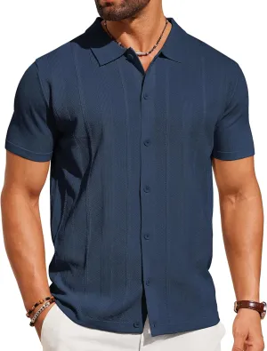 COOFANDY Mens Knit Shirt Short Sleeve Button Down Shirts Casual Summer Beach Vintage Polo Shirts
