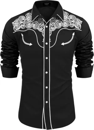 COOFANDY Men's Western Shirts Long Sleeve Slim Fit Embroideres Cowboy Shirts Casual Button Down Shirt