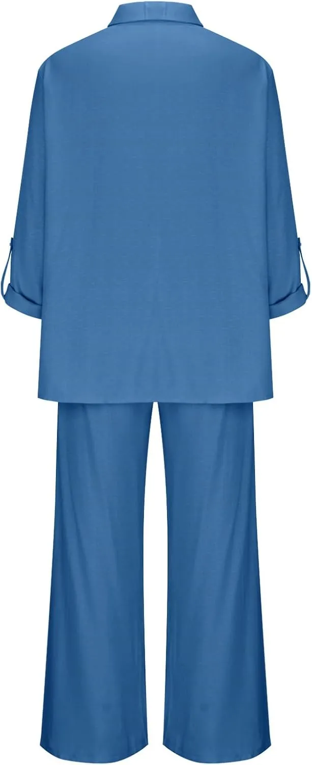 Cotton Linen Outfits For Women Two Piece Solid Beach Clothes Fashion Button Plus Size Shirt Wide Leg Pants Sets 2025
