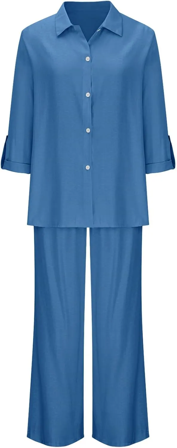 Cotton Linen Outfits For Women Two Piece Solid Beach Clothes Fashion Button Plus Size Shirt Wide Leg Pants Sets 2025
