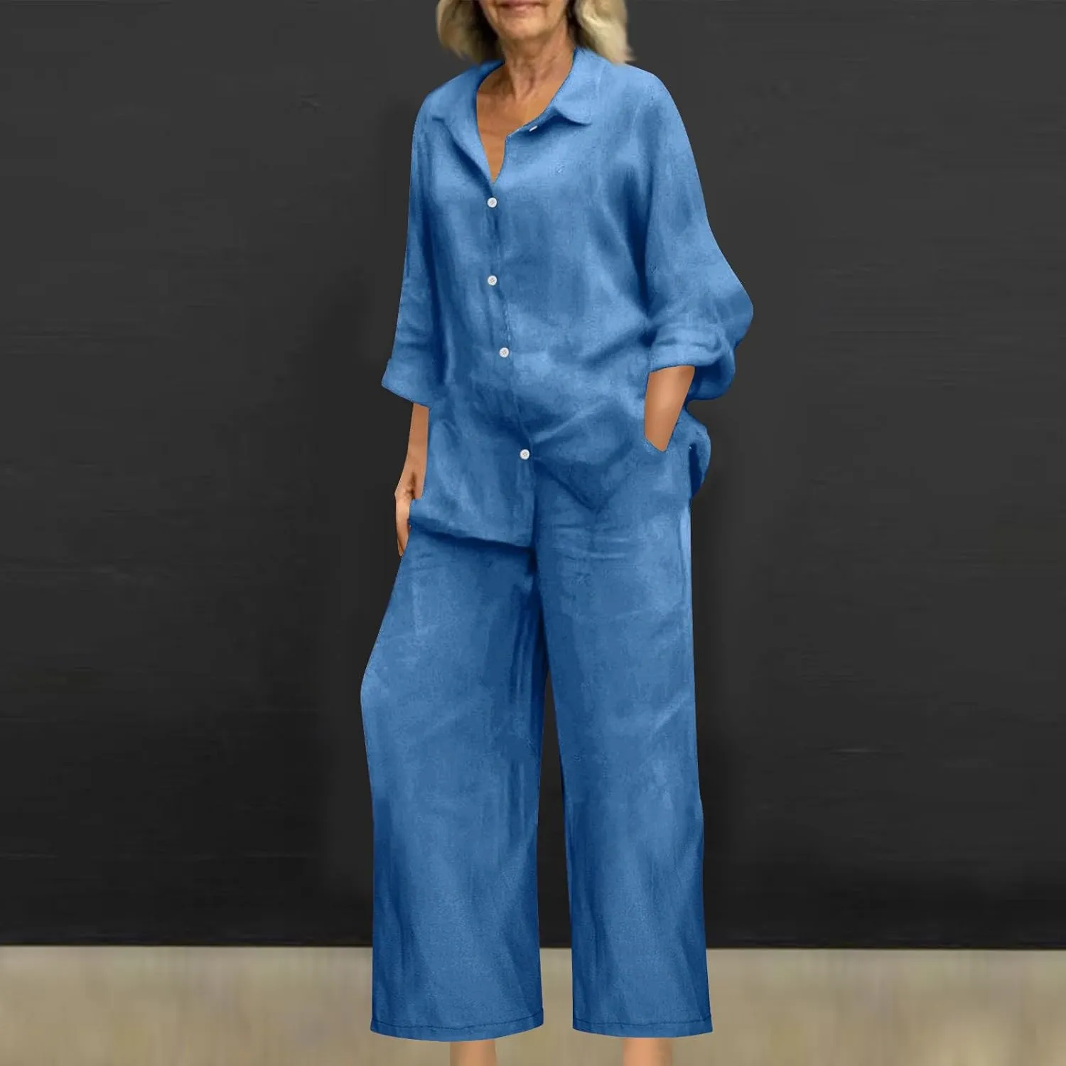 Cotton Linen Outfits For Women Two Piece Solid Beach Clothes Fashion Button Plus Size Shirt Wide Leg Pants Sets 2025