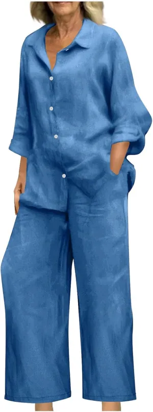 Cotton Linen Outfits For Women Two Piece Solid Beach Clothes Fashion Button Plus Size Shirt Wide Leg Pants Sets 2025