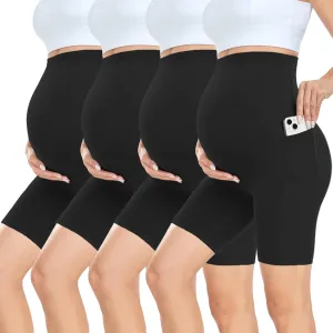 CTHH 4 Pack Maternity Shorts Over Belly with Pockets - 8" Pregnancy Biker Shorts Workout Yoga Pregnant Pants for Women