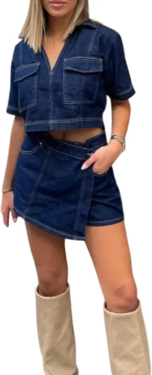Denim Outfit for Women 2 Piece Short Sleeve Lapel V Neck Crop Top and High Waist Jean Skirt Shorts Y2k Skort Sets