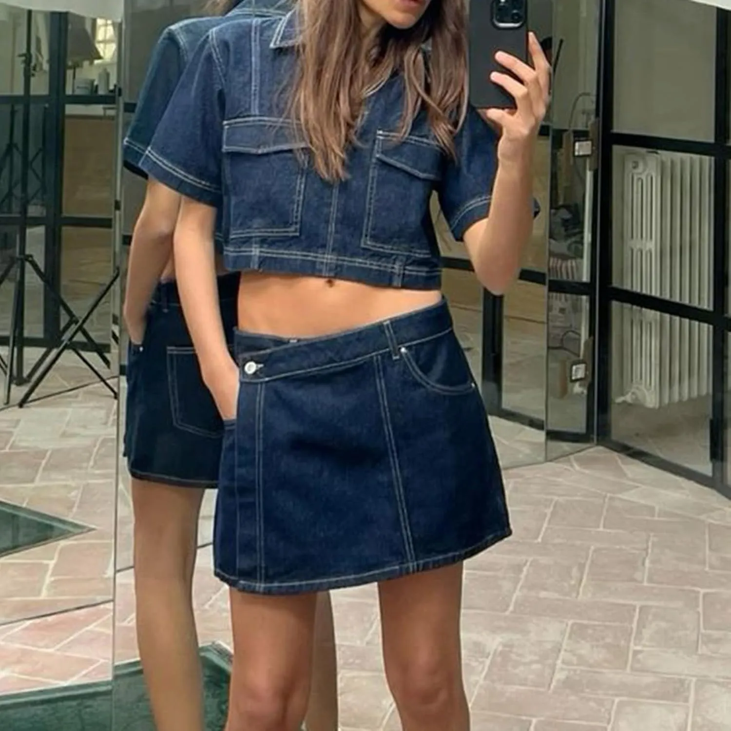 Denim Outfit for Women 2 Piece Short Sleeve Lapel V Neck Crop Top and High Waist Jean Skirt Shorts Y2k Skort Sets
