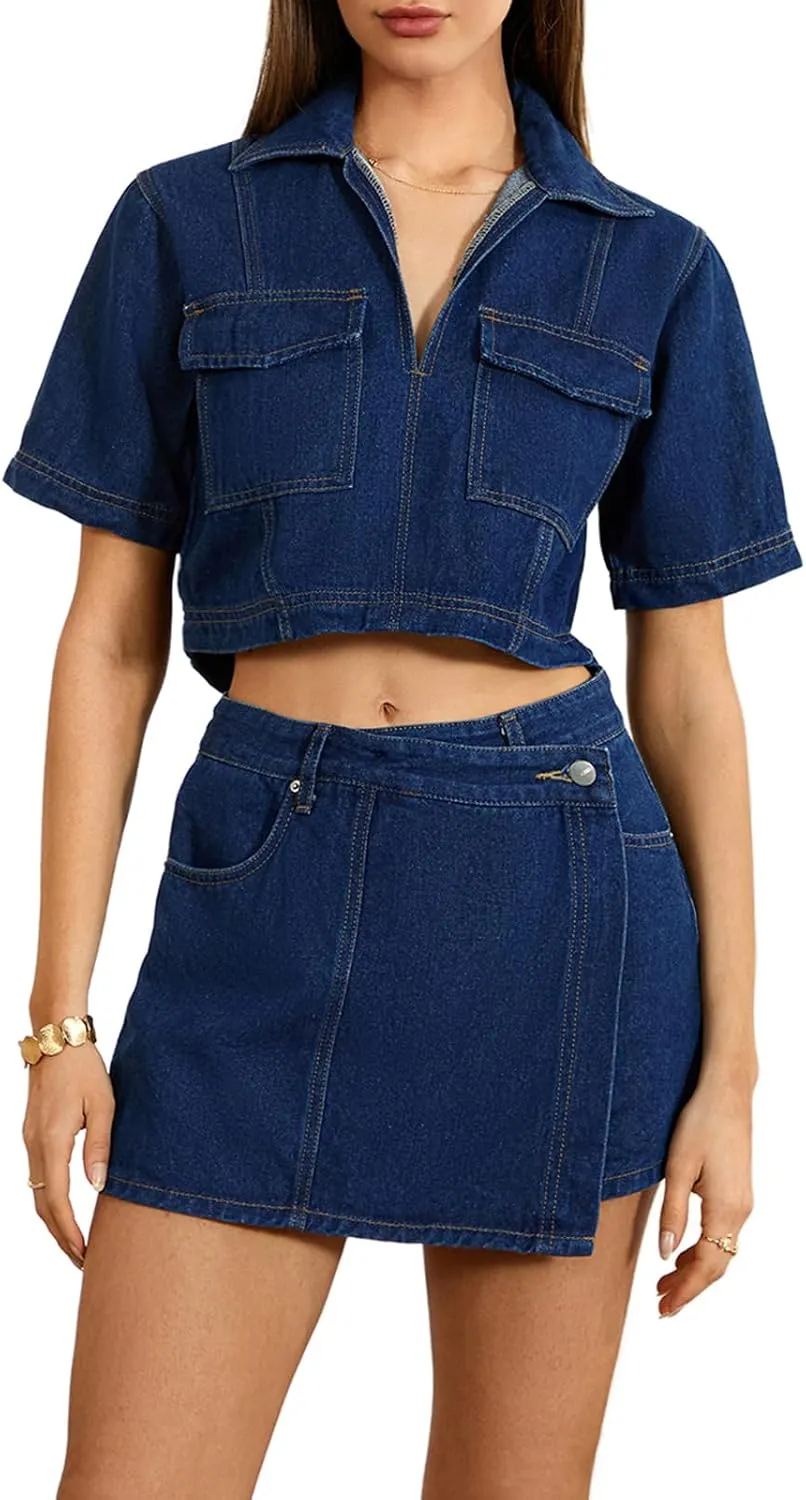 Denim Outfit for Women 2 Piece Short Sleeve Lapel V Neck Crop Top and High Waist Jean Skirt Shorts Y2k Skort Sets