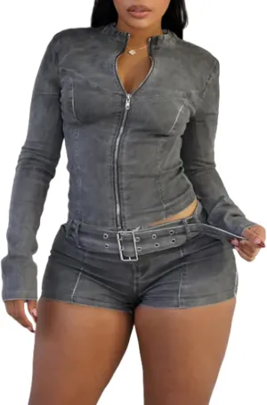 Denim Shorts Sets Women 2 Piece Outfits Bodycon Zipper Long Sleeve Jean Jacket High Waisted Jean Shorts Set