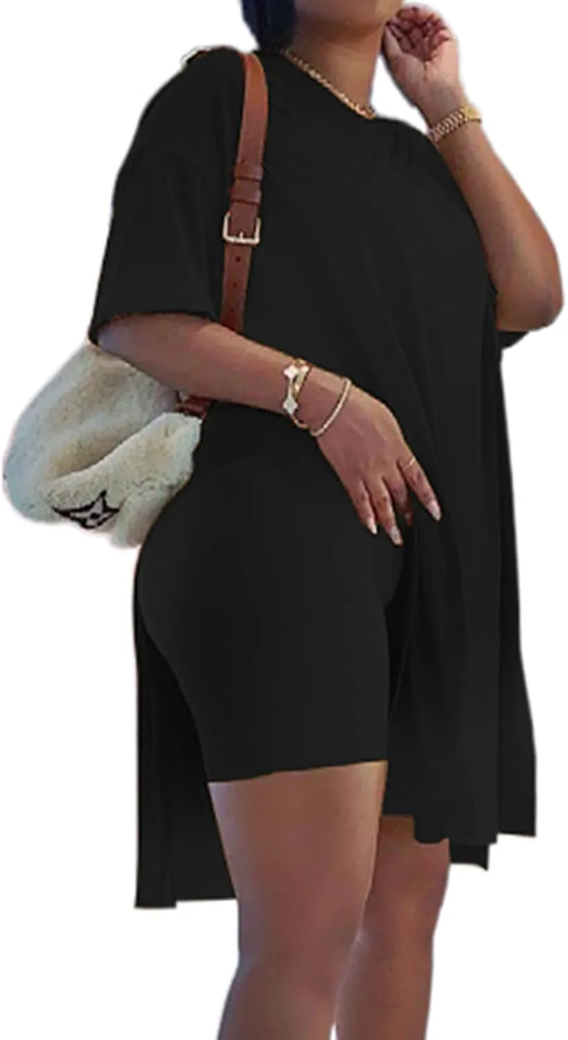 Difanlv Plus Size Womens 2 Piece Outfits Tracksuits Short Sleeve Tunic Tops Bodycon Shorts Sweatsuit Sets