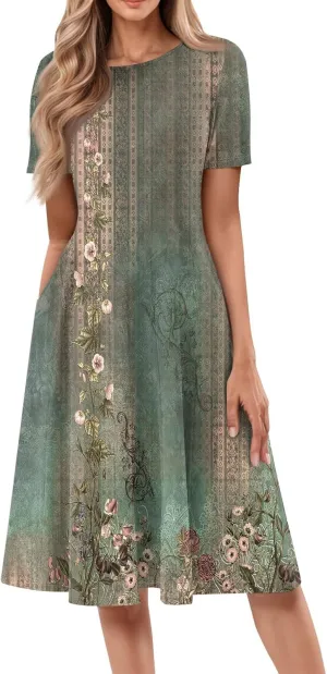 Dresses for Women 2025 Midi Dresses for Women Summer Short Sleeve A Line Loose Floor Length