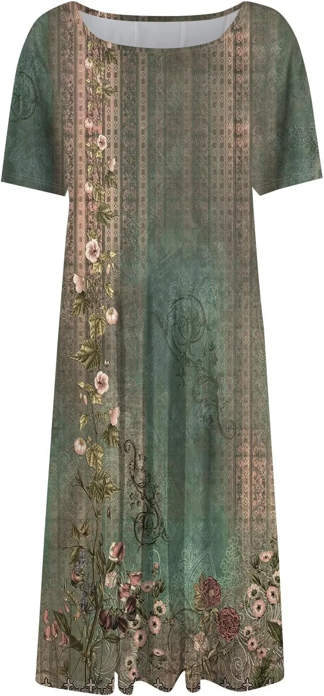 Dresses for Women 2025 Midi Dresses for Women Summer Short Sleeve A Line Loose Floor Length