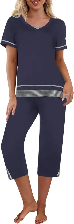 Ekouaer Capri Pajama Sets for Women Short Sleeve Tops Sleepwear Sleep Sets Pjs Sets Soft Two Piece Loungewear Sets
