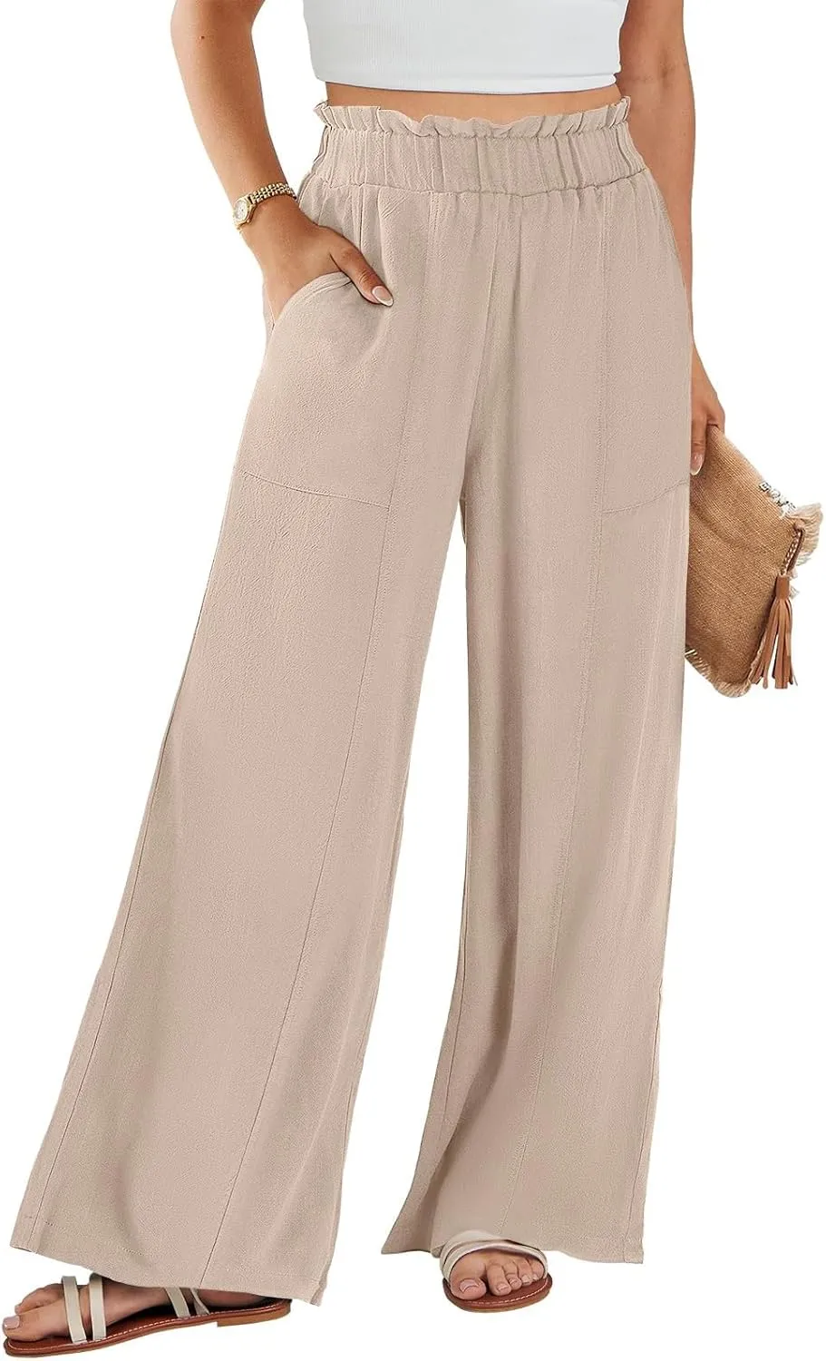 eoeioa Linen Lounge Pants Women Baggy Elastic High Waisted Wide Leg Pants Summer Vacation Casual Beach Pant with Pockets