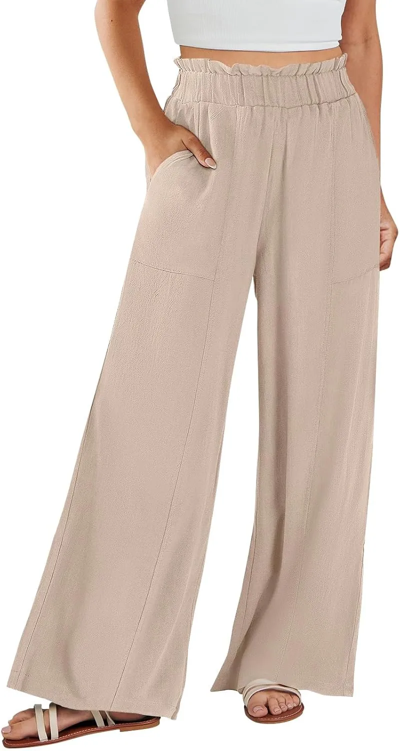 eoeioa Linen Lounge Pants Women Baggy Elastic High Waisted Wide Leg Pants Summer Vacation Casual Beach Pant with Pockets