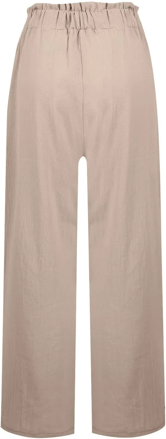 eoeioa Linen Lounge Pants Women Baggy Elastic High Waisted Wide Leg Pants Summer Vacation Casual Beach Pant with Pockets
