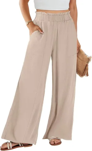 eoeioa Linen Lounge Pants Women Baggy Elastic High Waisted Wide Leg Pants Summer Vacation Casual Beach Pant with Pockets