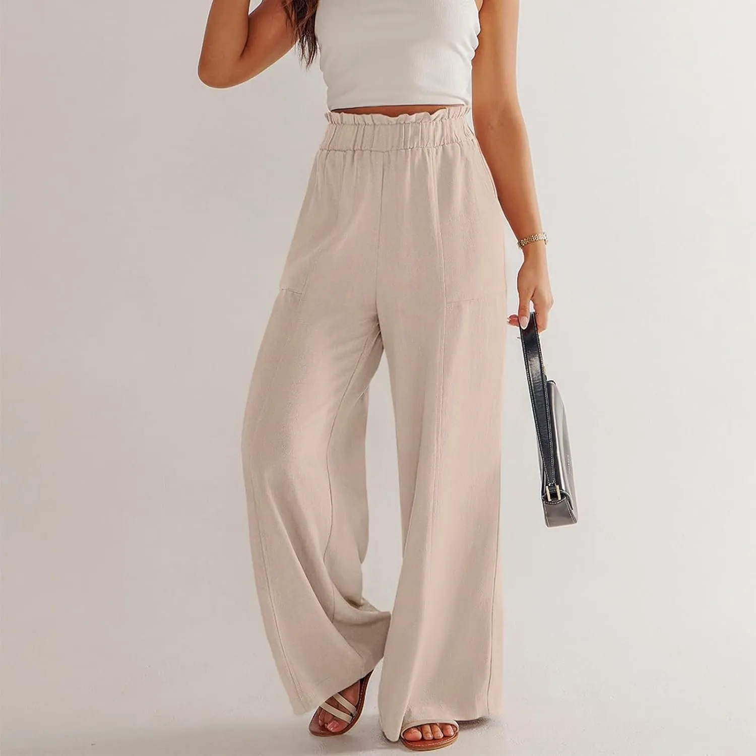 eoeioa Linen Lounge Pants Women Baggy Elastic High Waisted Wide Leg Pants Summer Vacation Casual Beach Pant with Pockets