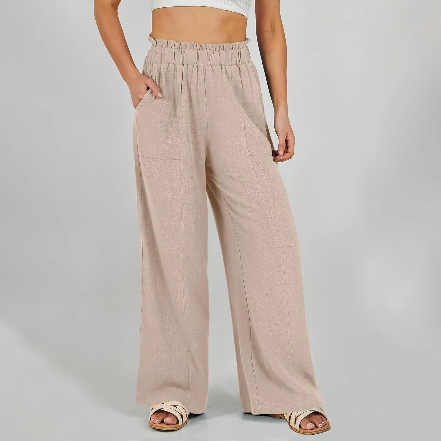 eoeioa Linen Lounge Pants Women Baggy Elastic High Waisted Wide Leg Pants Summer Vacation Casual Beach Pant with Pockets