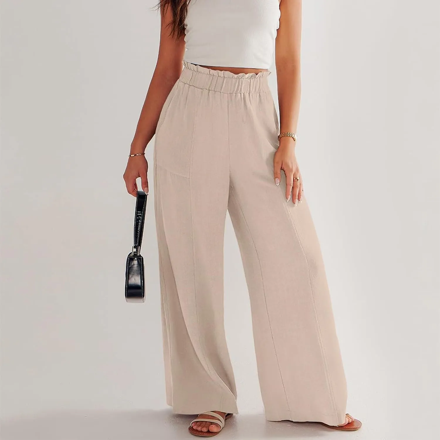 eoeioa Linen Lounge Pants Women Baggy Elastic High Waisted Wide Leg Pants Summer Vacation Casual Beach Pant with Pockets