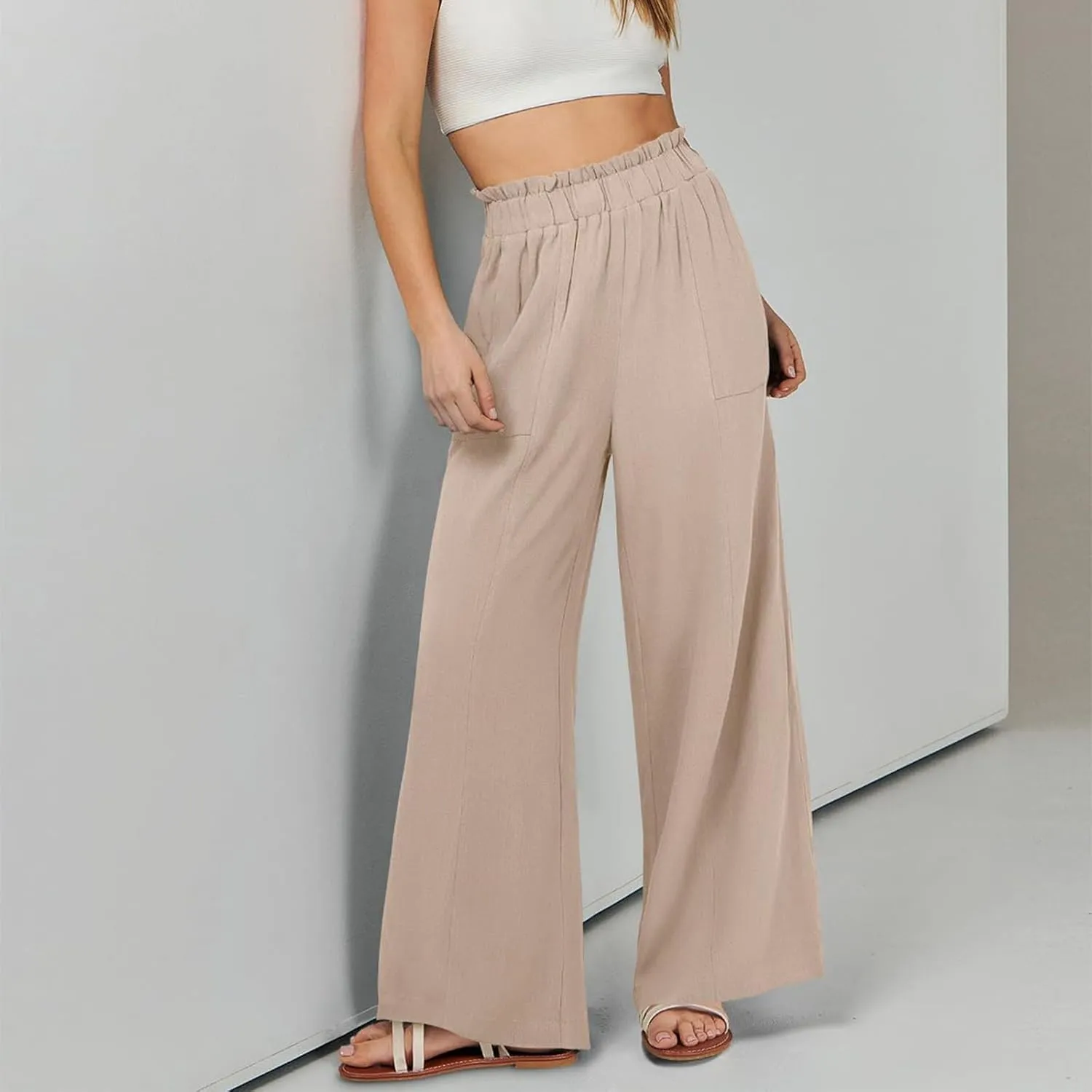 eoeioa Linen Lounge Pants Women Baggy Elastic High Waisted Wide Leg Pants Summer Vacation Casual Beach Pant with Pockets
