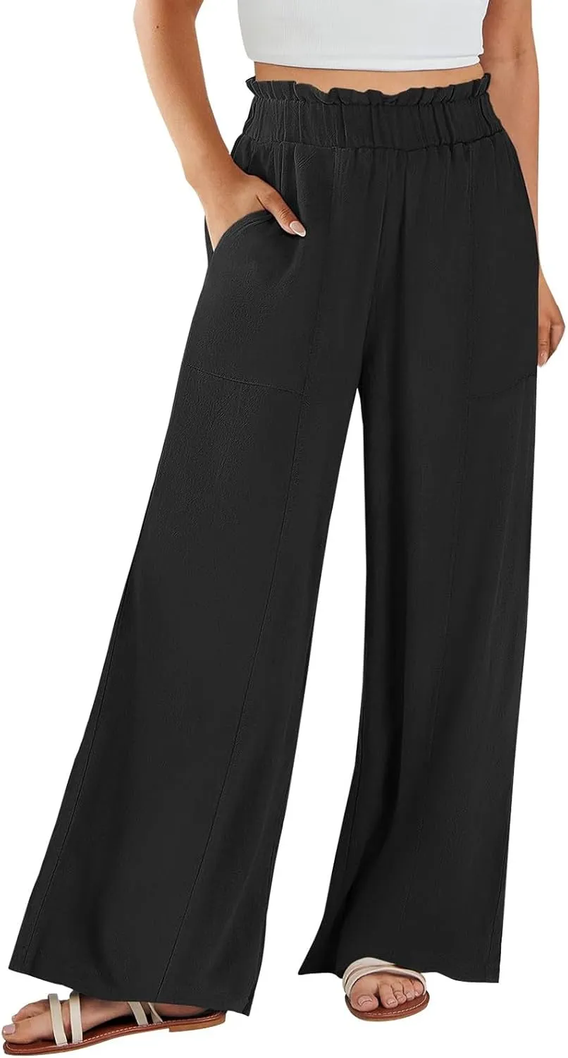 eoeioa Wide Leg Linen Pants for Women Summer Elastic High Waisted Palazzo Pants Business Casual Beach Trousers with Pockets