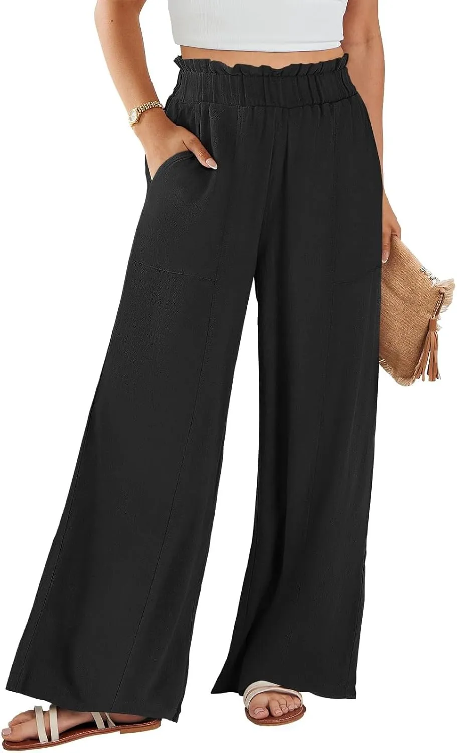 eoeioa Wide Leg Linen Pants for Women Summer Elastic High Waisted Palazzo Pants Business Casual Beach Trousers with Pockets