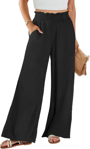 eoeioa Wide Leg Linen Pants for Women Summer Elastic High Waisted Palazzo Pants Business Casual Beach Trousers with Pockets