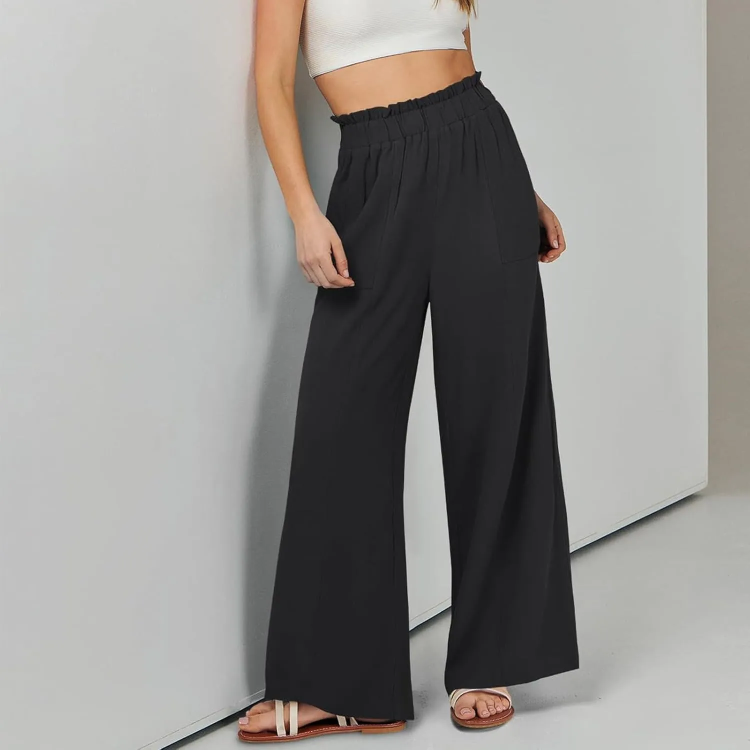 eoeioa Wide Leg Linen Pants for Women Summer Elastic High Waisted Palazzo Pants Business Casual Beach Trousers with Pockets