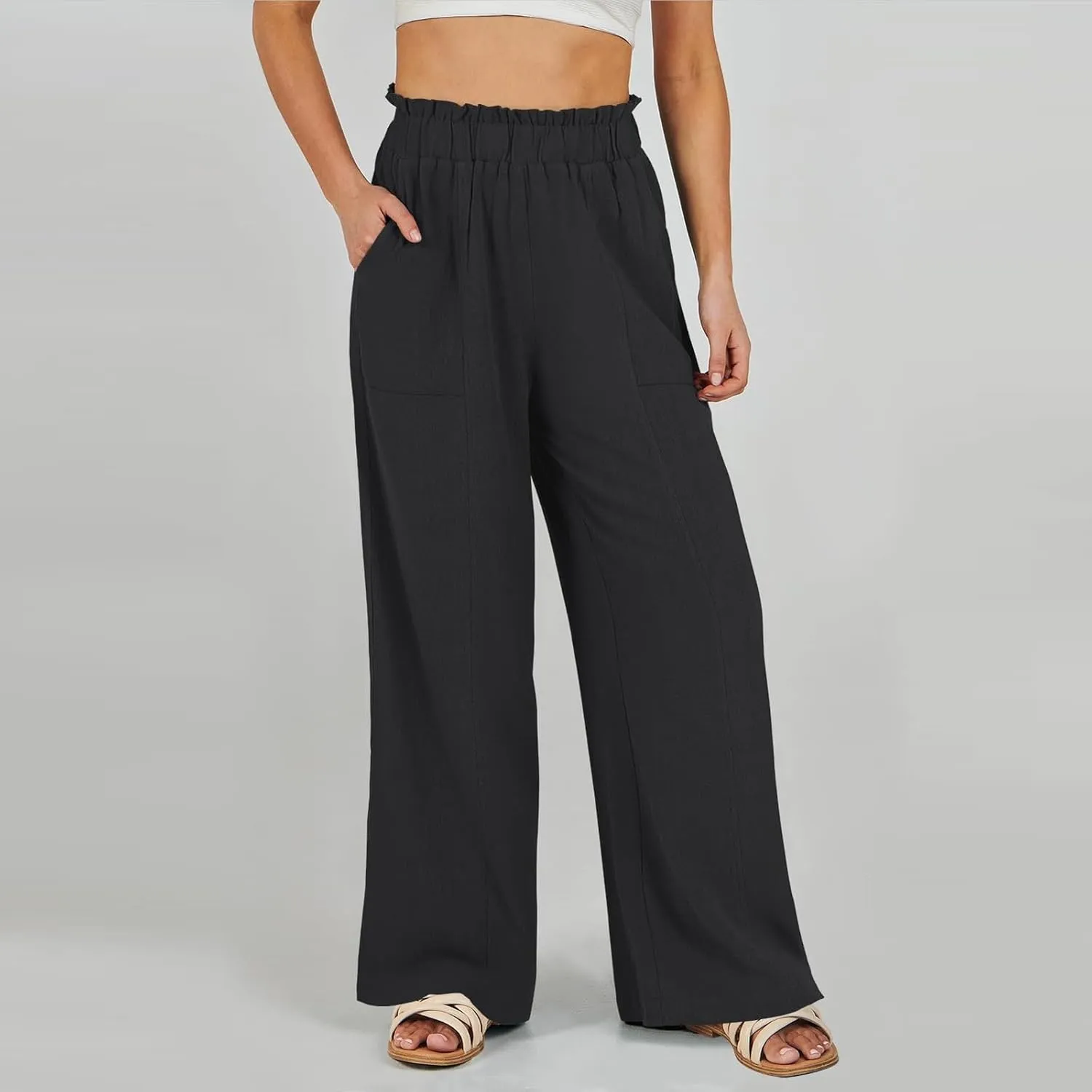 eoeioa Wide Leg Linen Pants for Women Summer Elastic High Waisted Palazzo Pants Business Casual Beach Trousers with Pockets