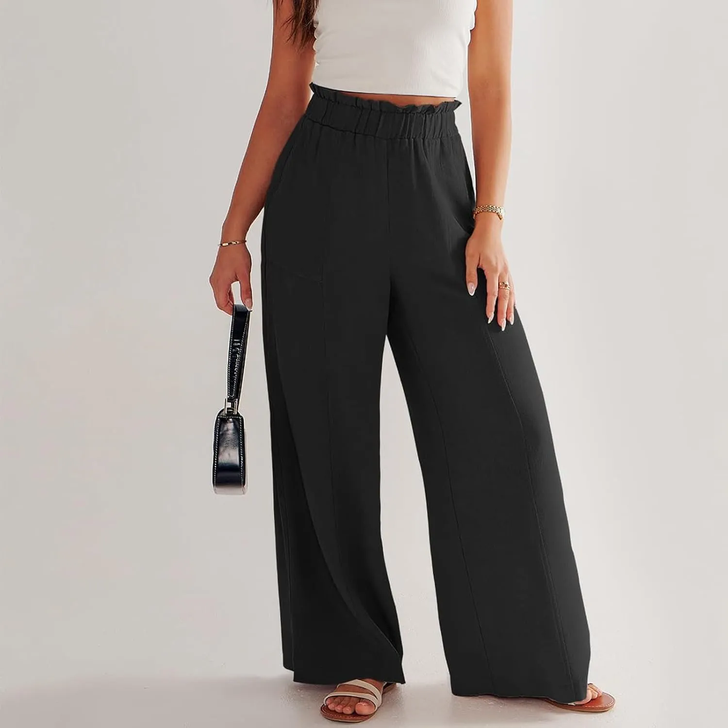 eoeioa Wide Leg Linen Pants for Women Summer Elastic High Waisted Palazzo Pants Business Casual Beach Trousers with Pockets