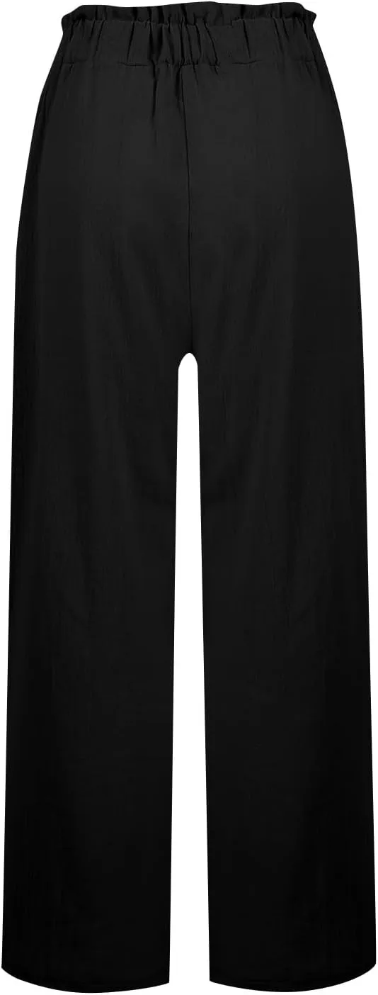 eoeioa Wide Leg Linen Pants for Women Summer Elastic High Waisted Palazzo Pants Business Casual Beach Trousers with Pockets