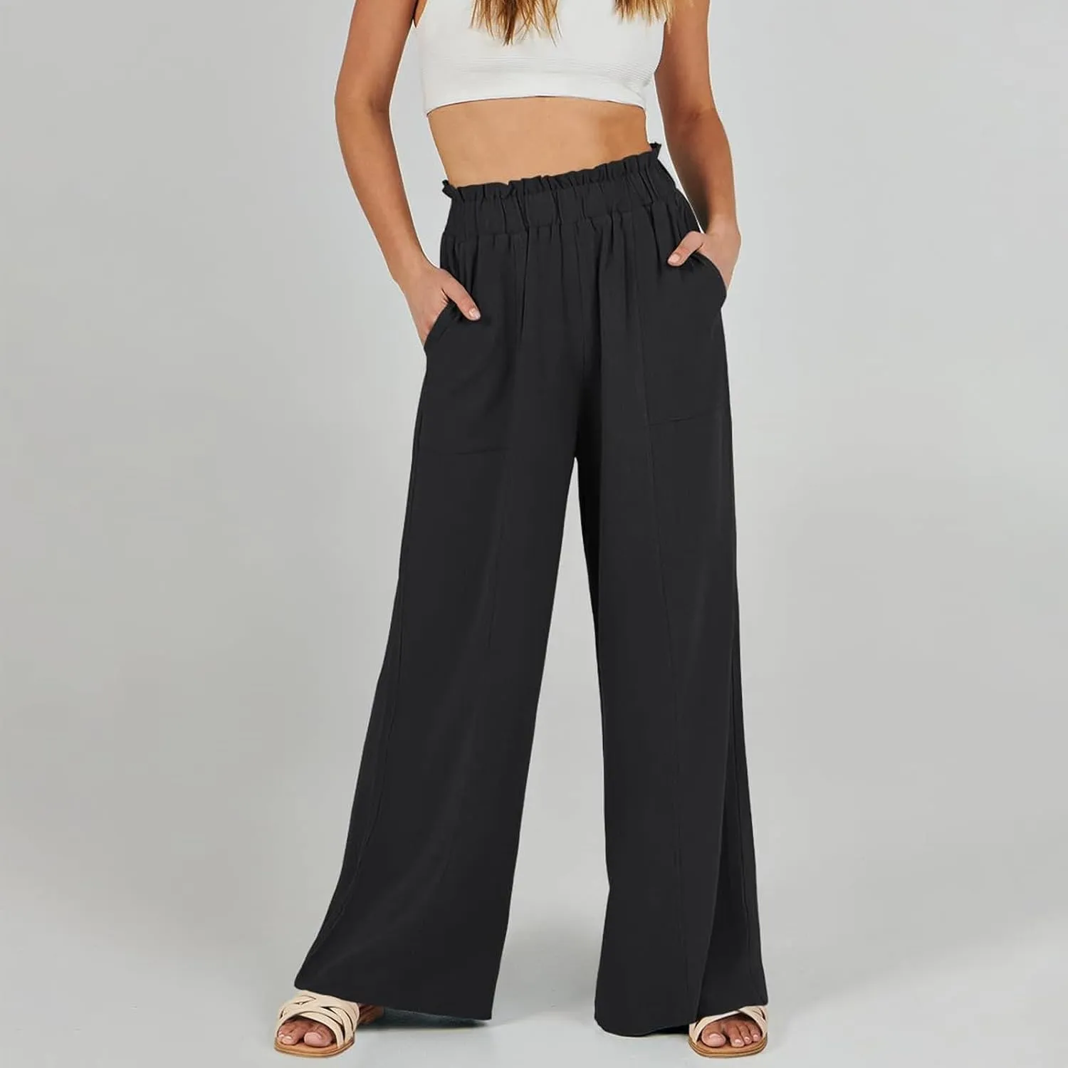 eoeioa Wide Leg Linen Pants for Women Summer Elastic High Waisted Palazzo Pants Business Casual Beach Trousers with Pockets