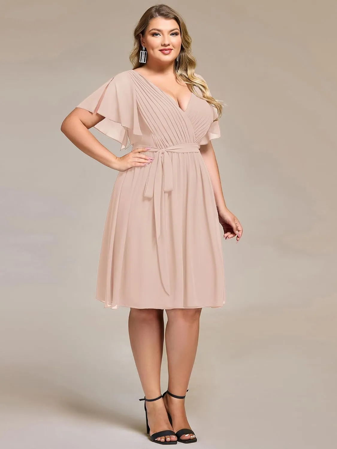 Ever-Pretty Women's Chiffon V Neck Short Sleeves Tie Waist Pleated Knee Length Plus Size Cocktail Wedding Guest Dresses