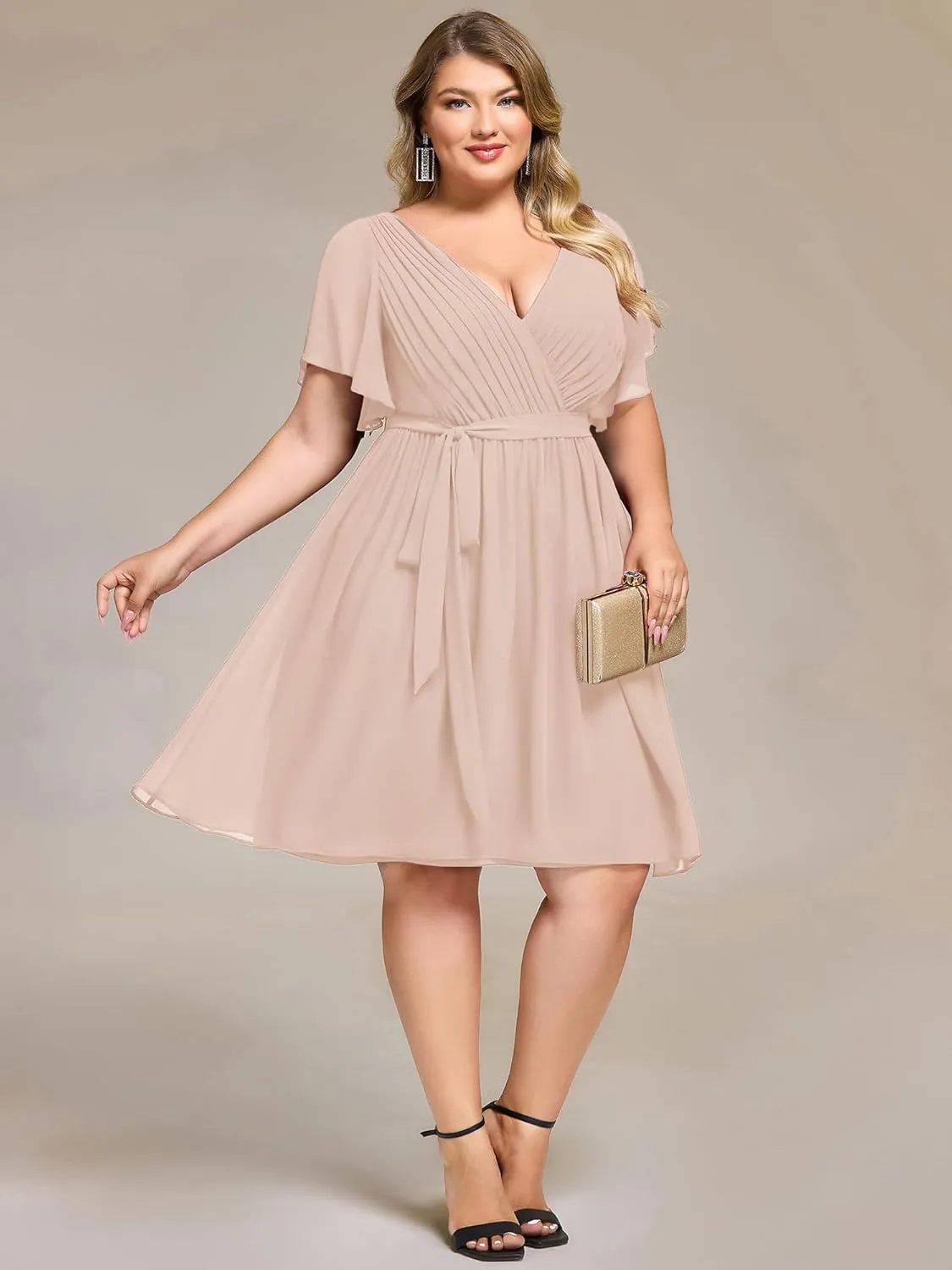 Ever-Pretty Women's Chiffon V Neck Short Sleeves Tie Waist Pleated Knee Length Plus Size Cocktail Wedding Guest Dresses