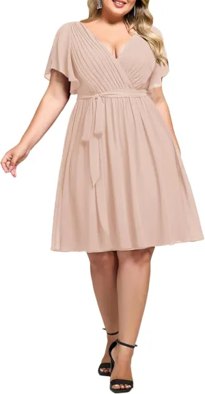 Ever-Pretty Women's Chiffon V Neck Short Sleeves Tie Waist Pleated Knee Length Plus Size Cocktail Wedding Guest Dresses