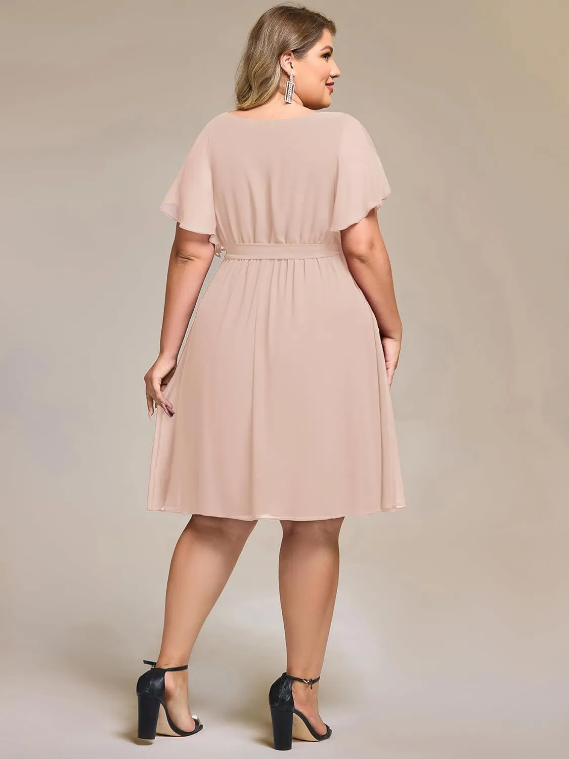 Ever-Pretty Women's Chiffon V Neck Short Sleeves Tie Waist Pleated Knee Length Plus Size Cocktail Wedding Guest Dresses